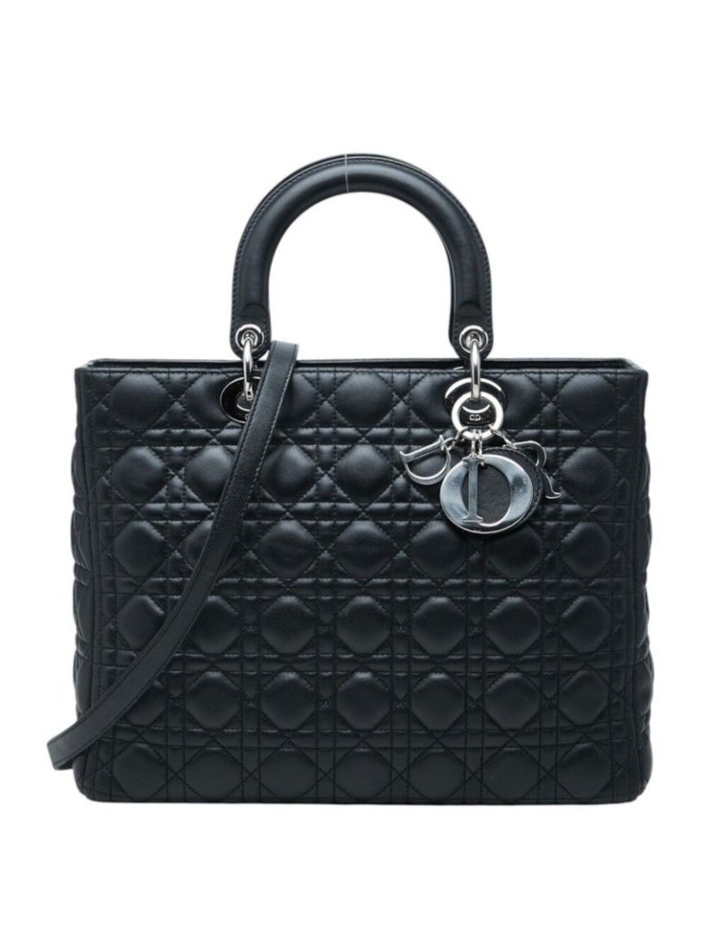 Dior Cannage Lady Dior Large 2-Way Shoulder Bag Black Leather